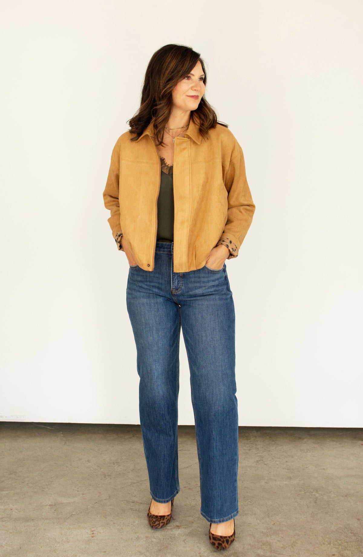 Luxe Faux Suede Gathered Hem Cropped Jacket - Camel