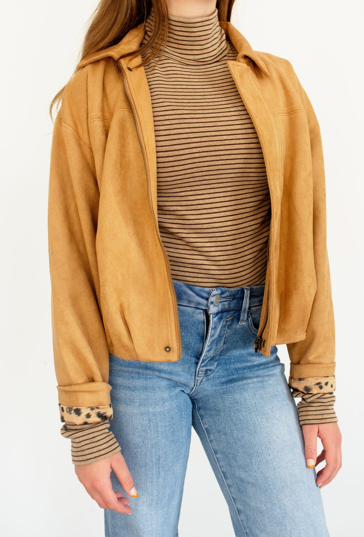 Mocha Stripe Exposed Seam Turtleneck Top with Thumbholes