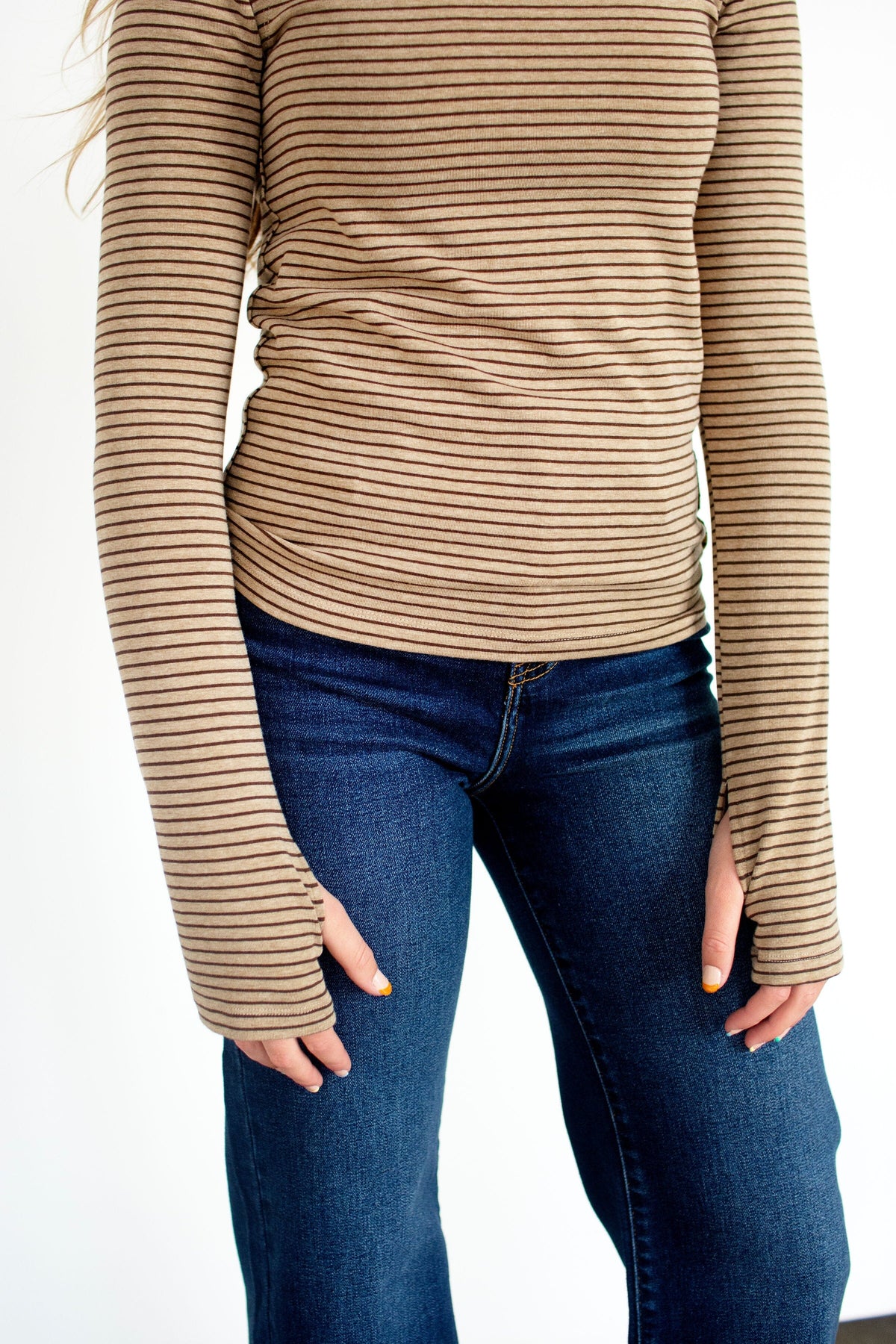Mocha Stripe Exposed Seam Turtleneck Top with Thumbholes