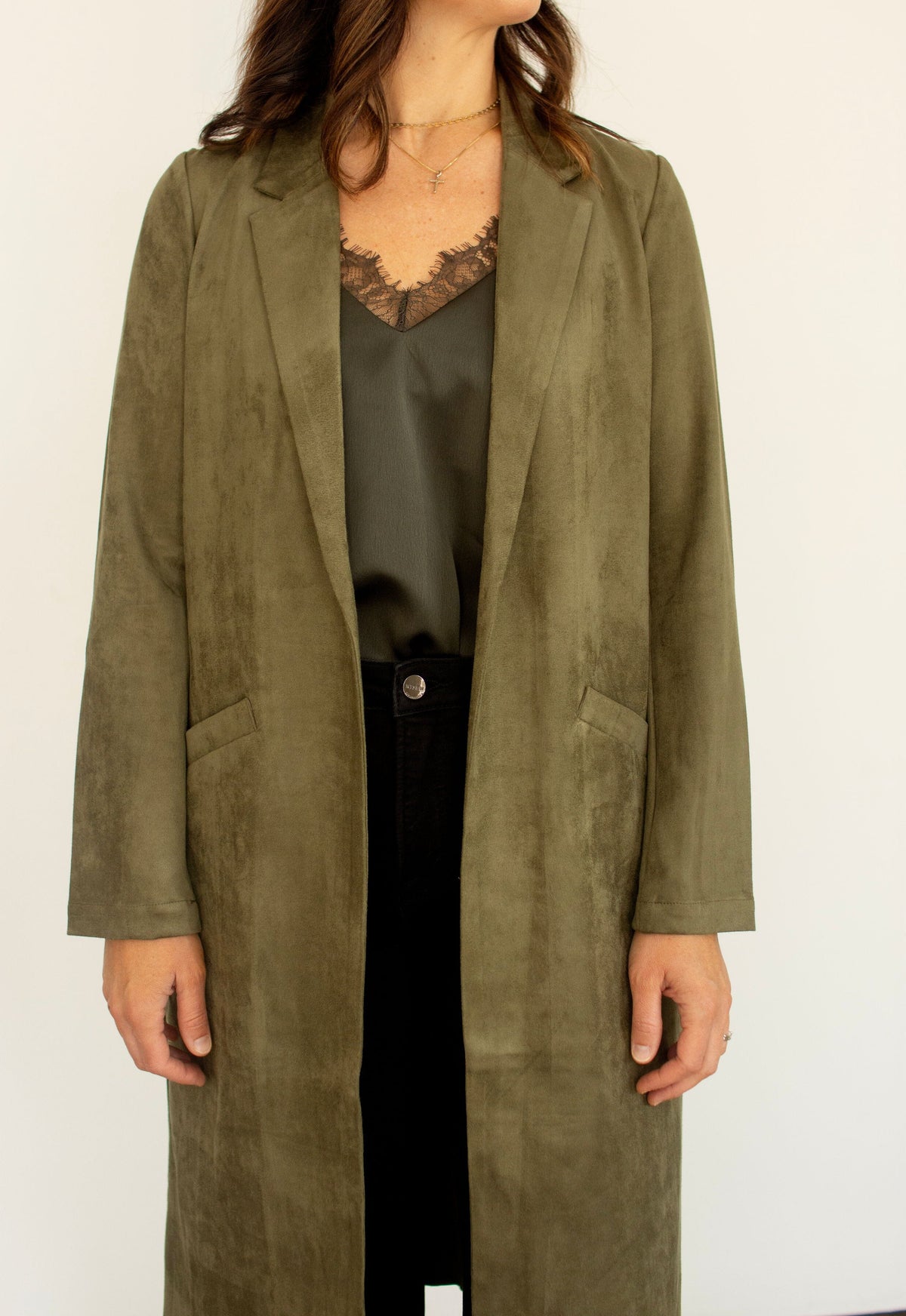 Olive Luxe Faux Suede Duster Jacket – Lightweight Open Front Layering Piece