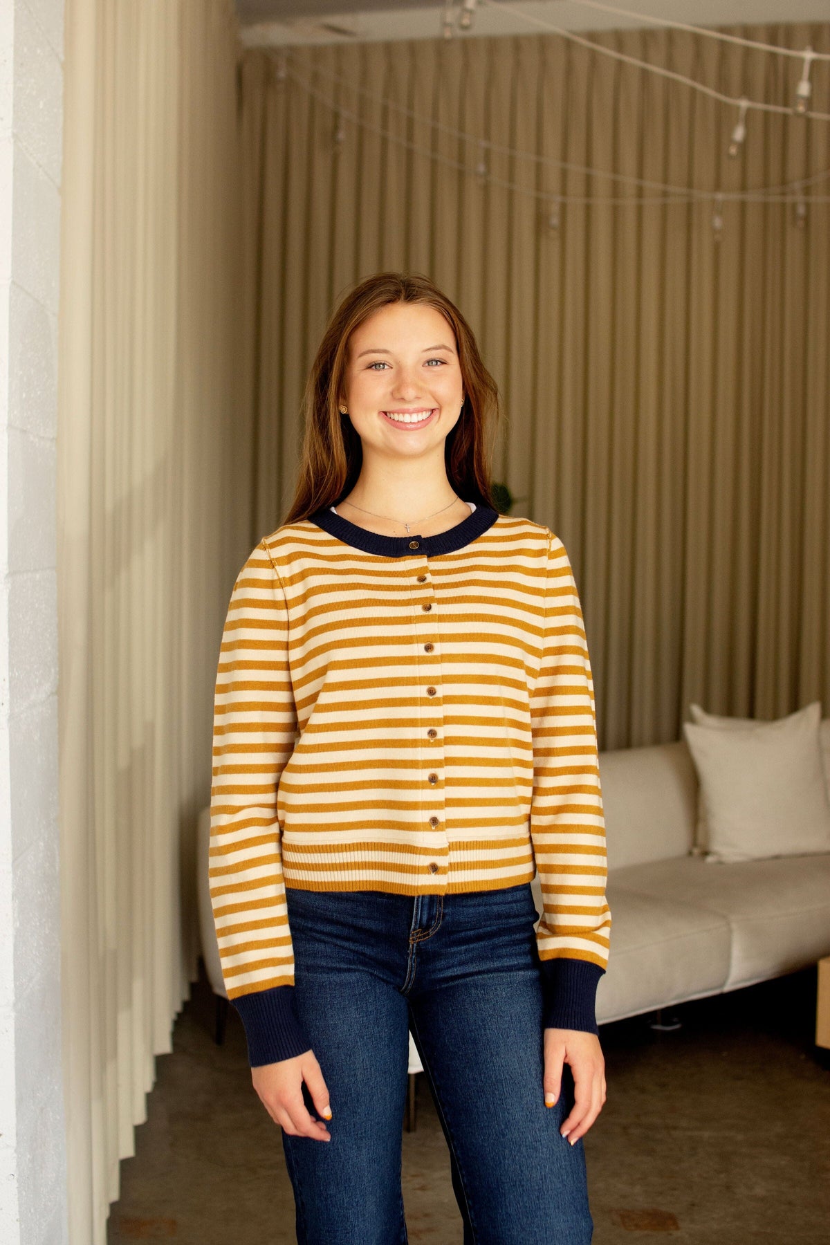 Mustard & Navy Striped Cropped Cardigan | Lightweight Autumn Layer