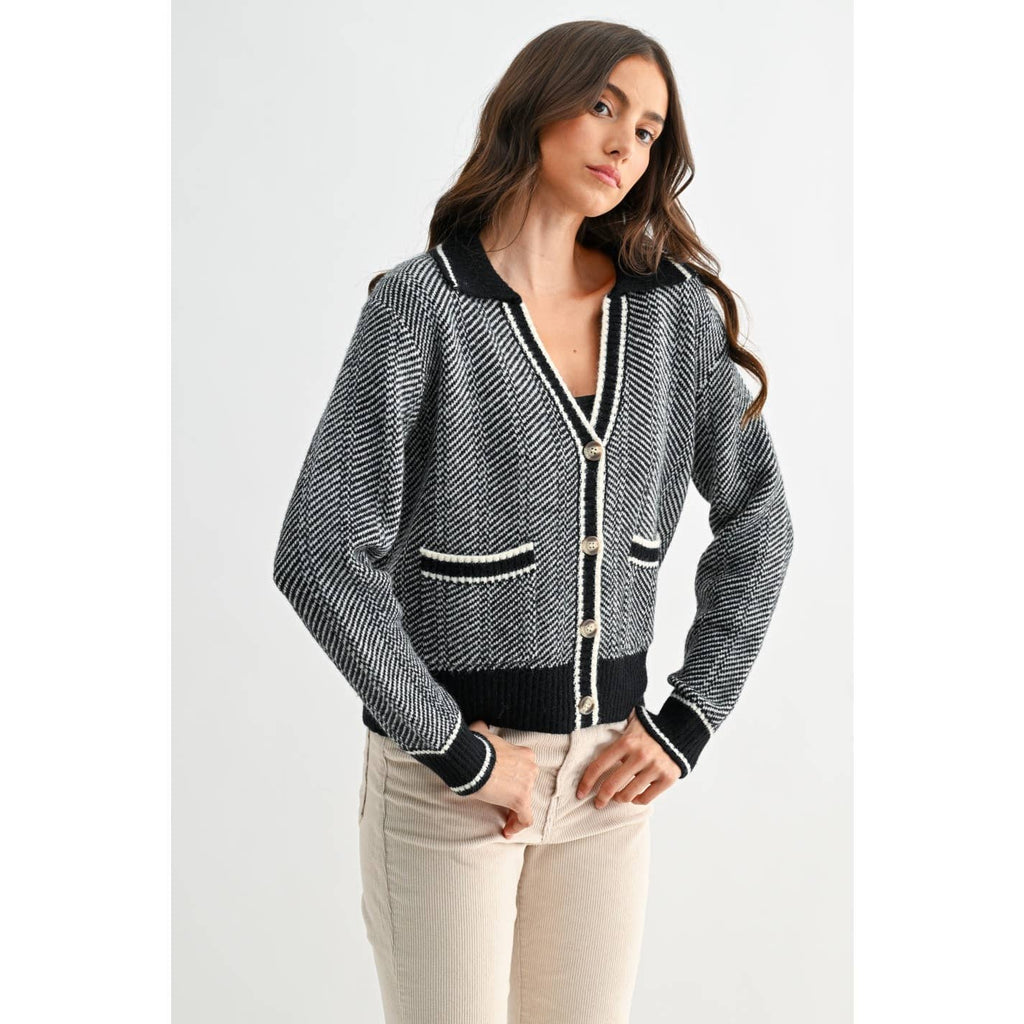 HERRINGBONE KNIT CARDIGAN IN BLACK: BLACK / S-M-L(3-2-1)