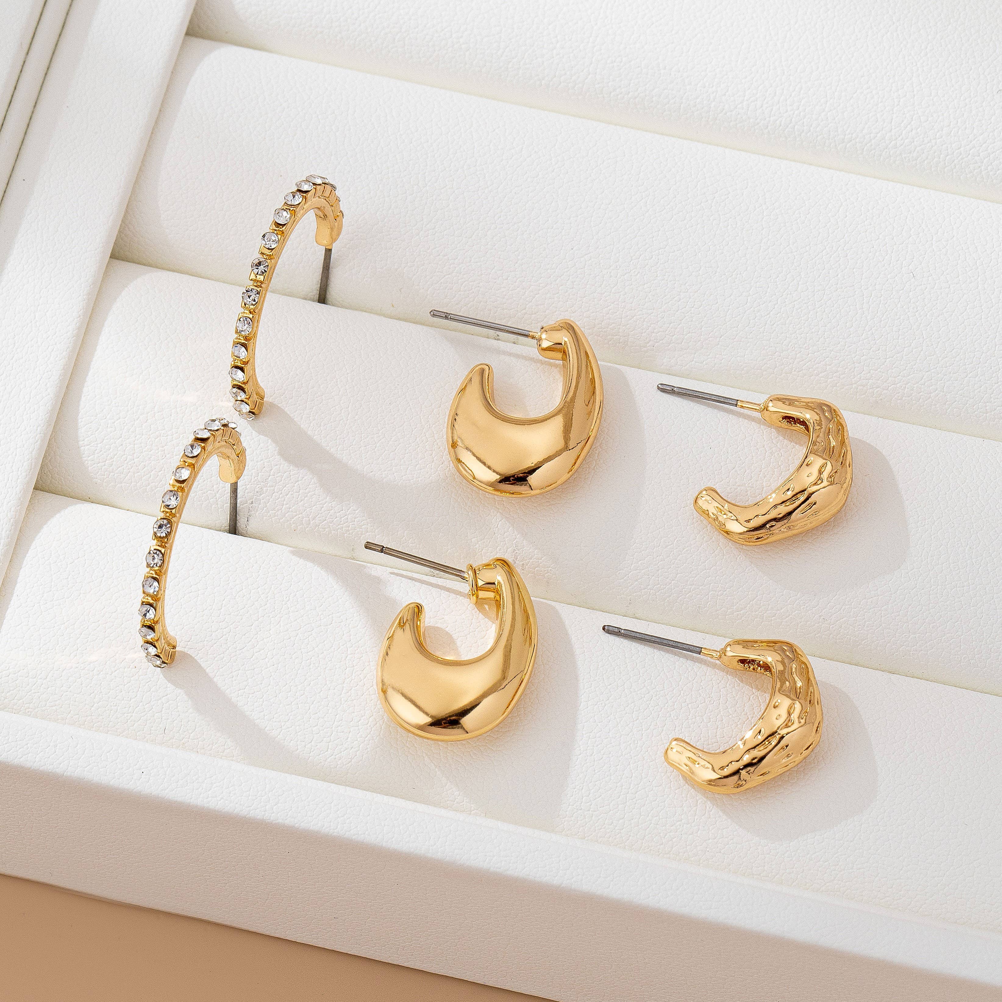 Tapered Rhinestone Huggie Hoop Trio Earring | 80E61671: GOLD