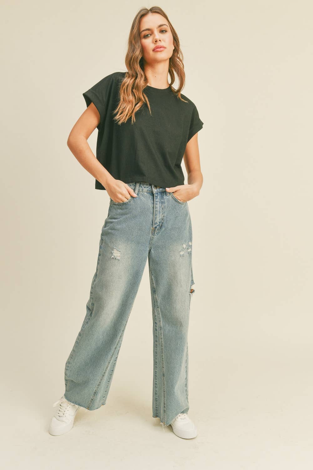Midnight Cotton Cuffed Sleeve Cropped Top