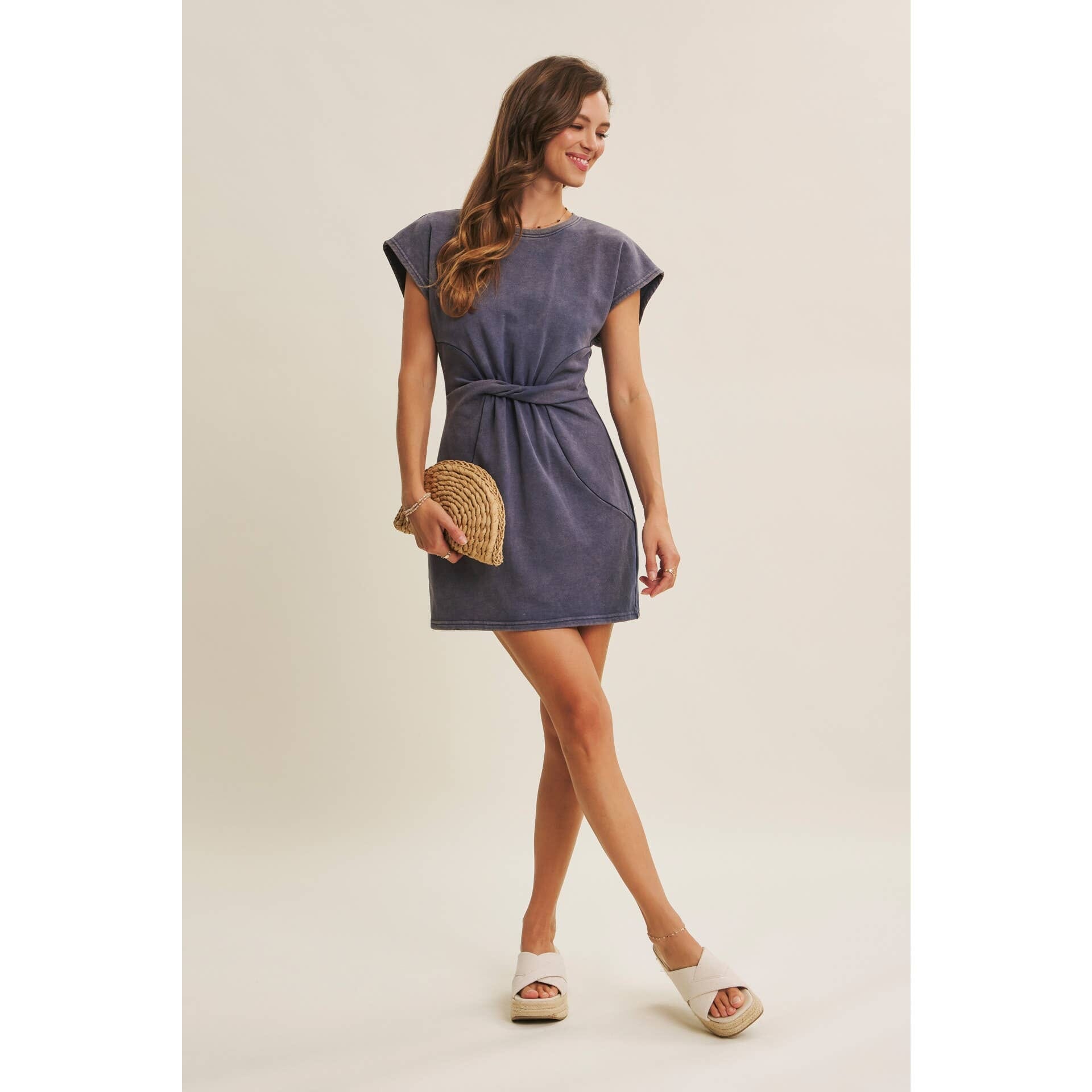 EASYGOING MINERAL-WASHED WAIST TWIST TERRY MINI DRESS: WASHED DENIM / S
