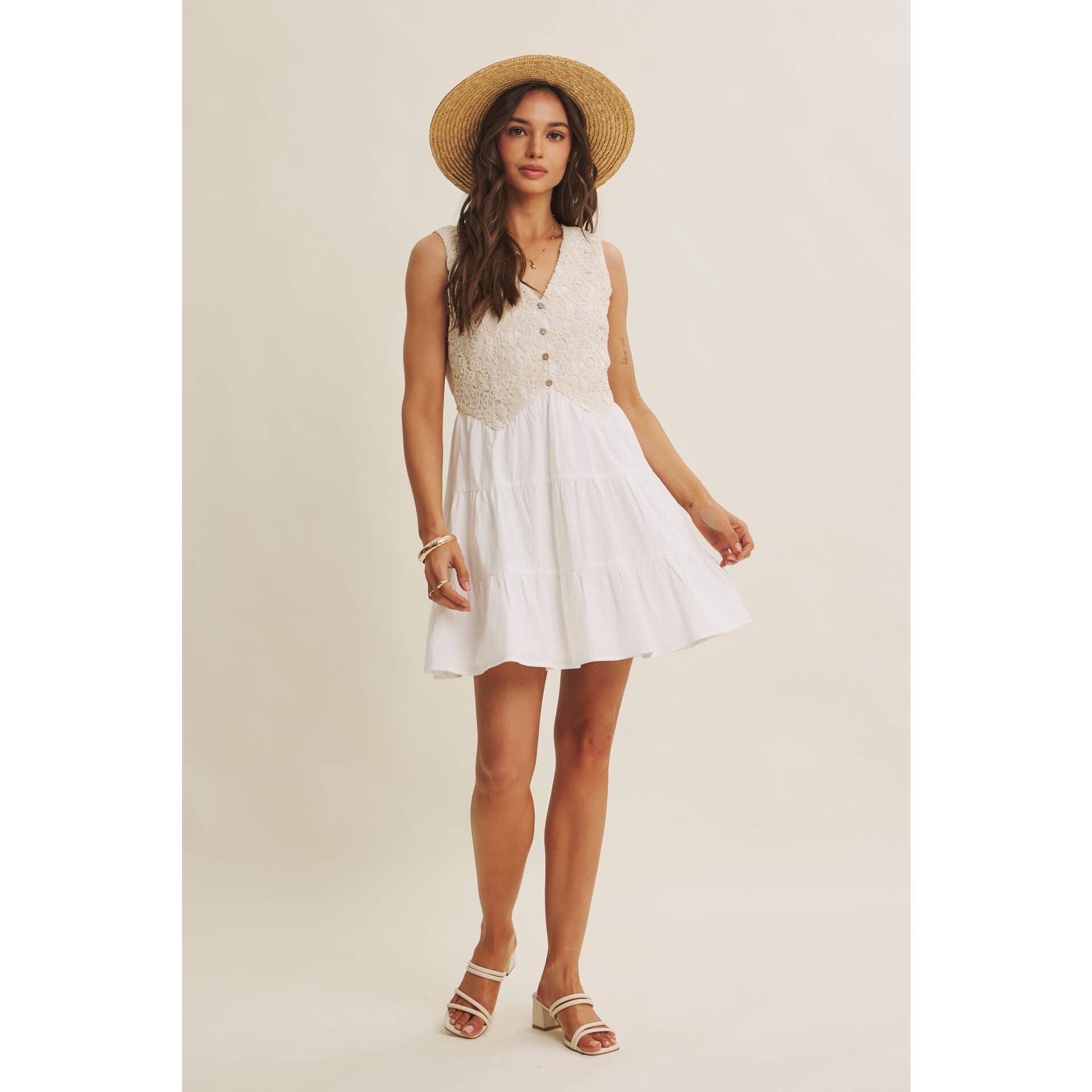 FRENCH PICNIC MIXED MEDIA COTTON CROCHET MINI DRESS: OFF WHITE / S