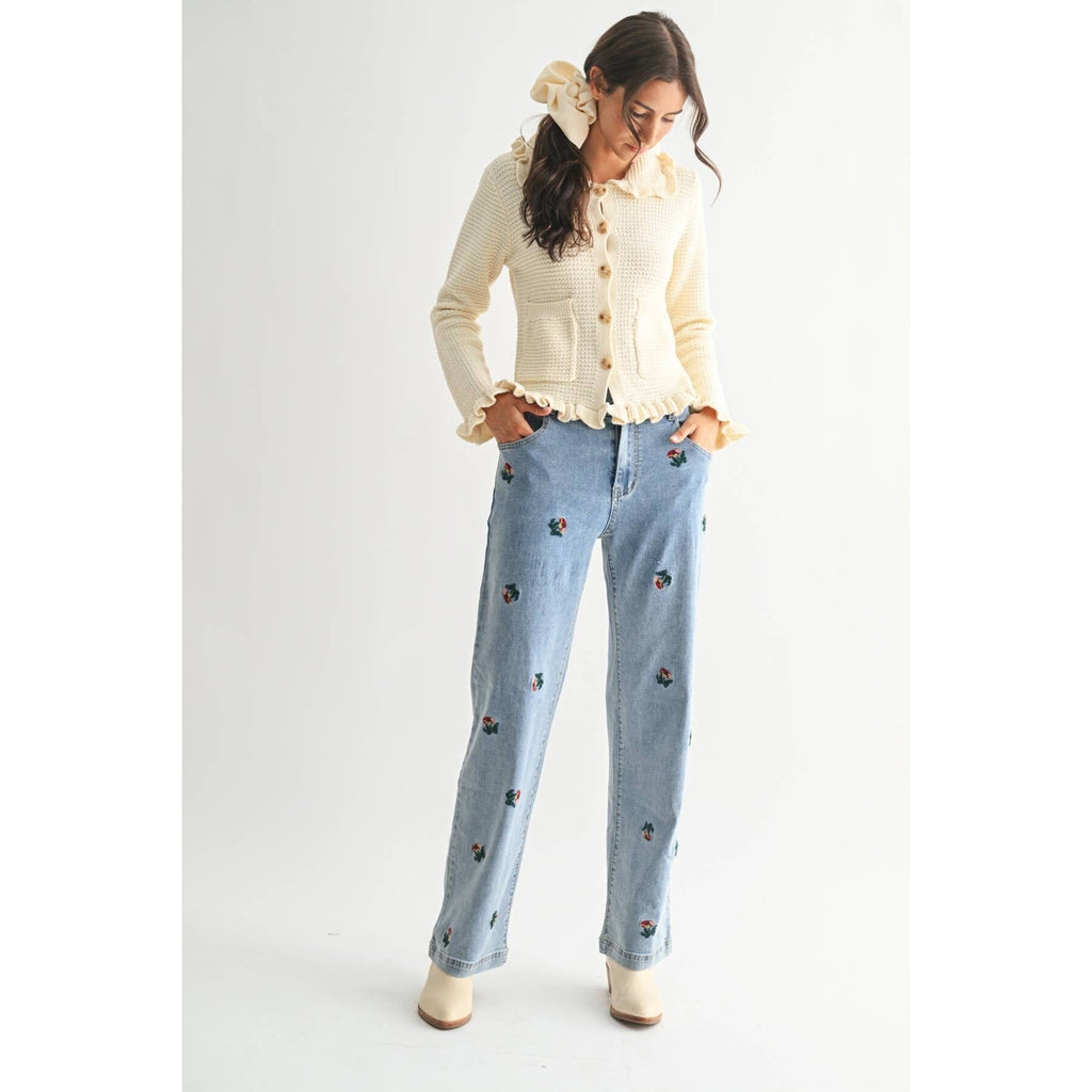 RUFFLED KNIT CARDIGAN: IVORY / S-M-L(3-2-1)