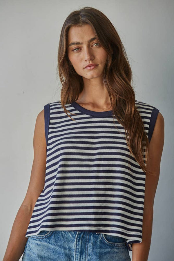 L9705 | Knit Cotton Spandex Striped Ribbed Sleeveless Top: Navy / S