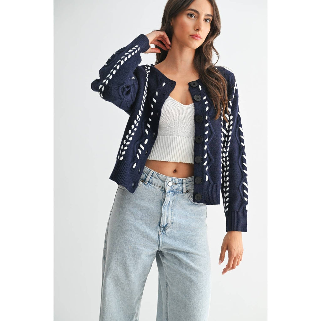 TORI RIBBON STITCH CABLE KNIT CARDIGAN : INDIGO/WHITE / S-M-L(3-2-1)