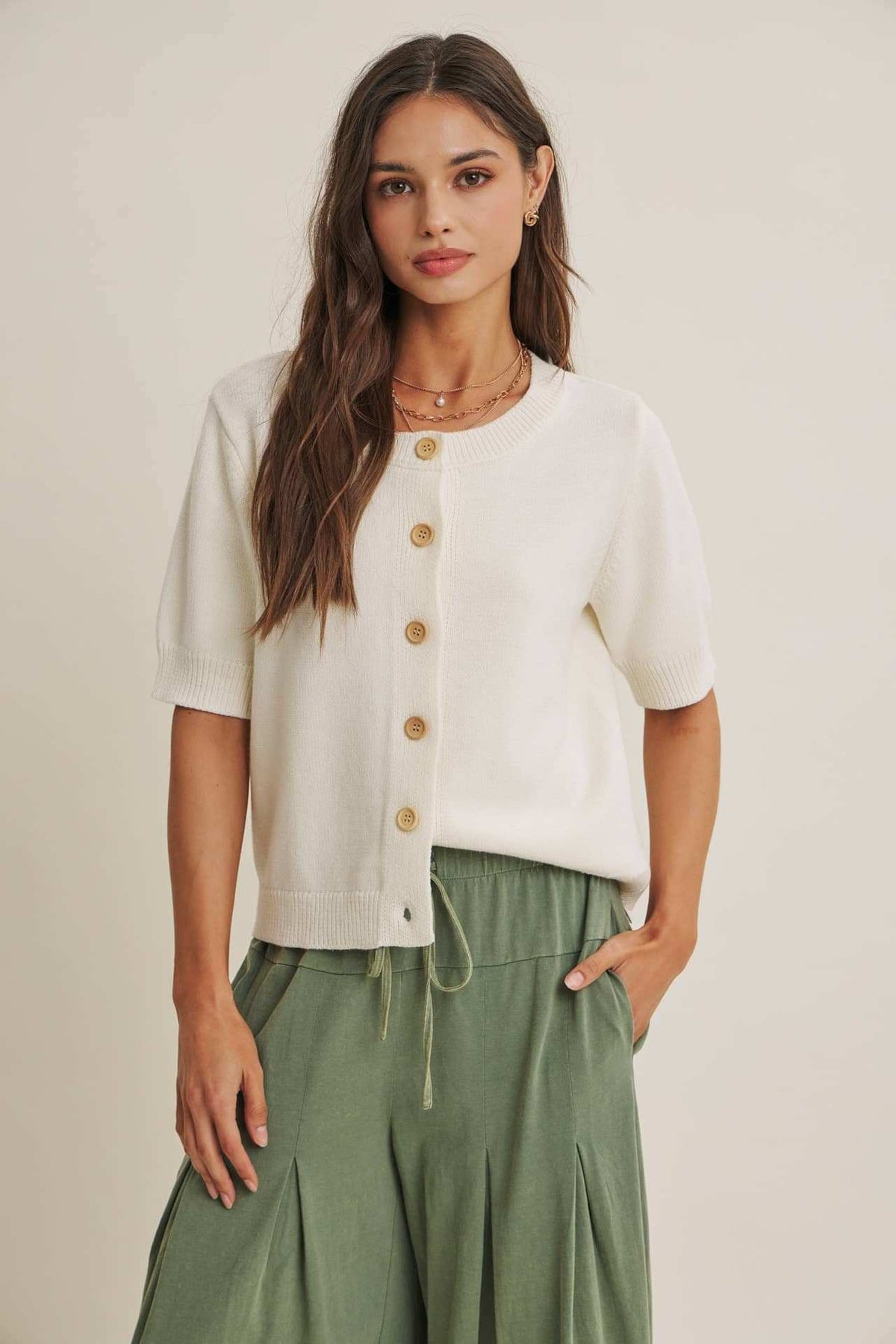 WEEKEND COFFEE MINIMAL SILHOUETTE COTTON CARDIGAN: IVORY / S