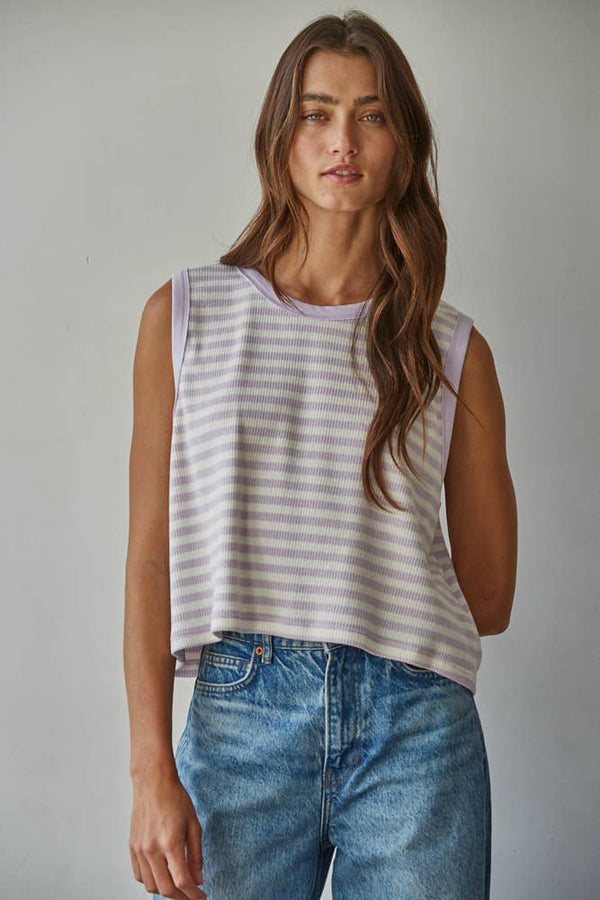 L9705 | Knit Cotton Spandex Striped Ribbed Sleeveless Top: Lavender / S