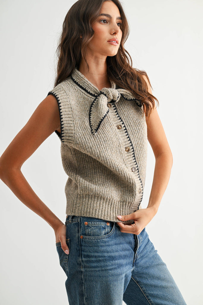 TIE NECK BUTTON FRONT SWEATER VEST - CWJ25822: OATMEAL/NAVY / S-M-L (3-2-1)