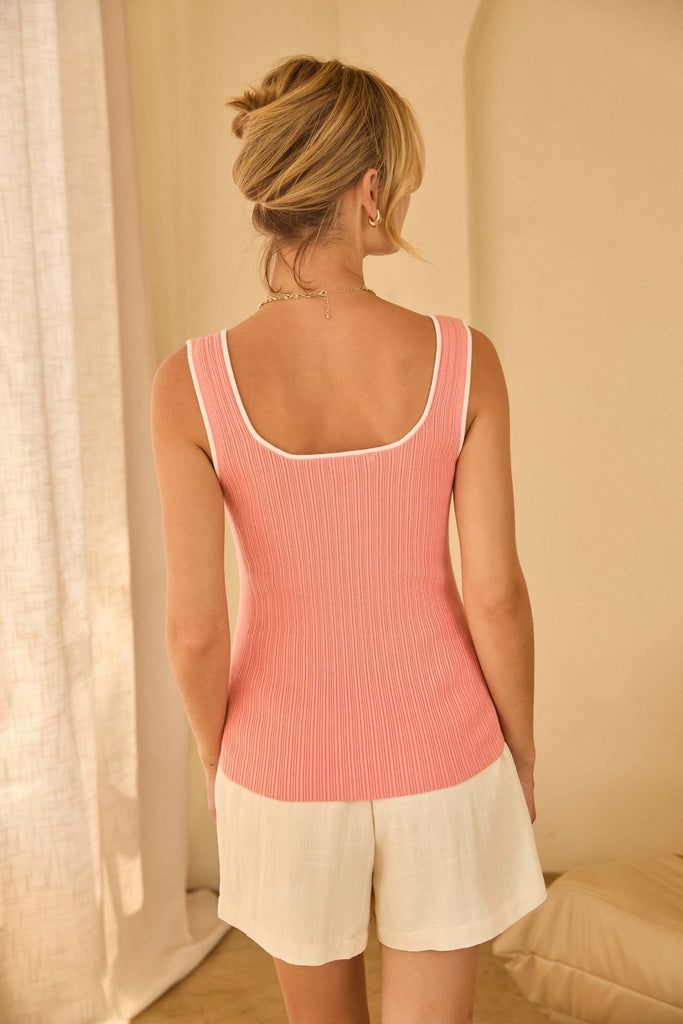 Heart Neck Sweater Tank With Contrast: Coral White / XS