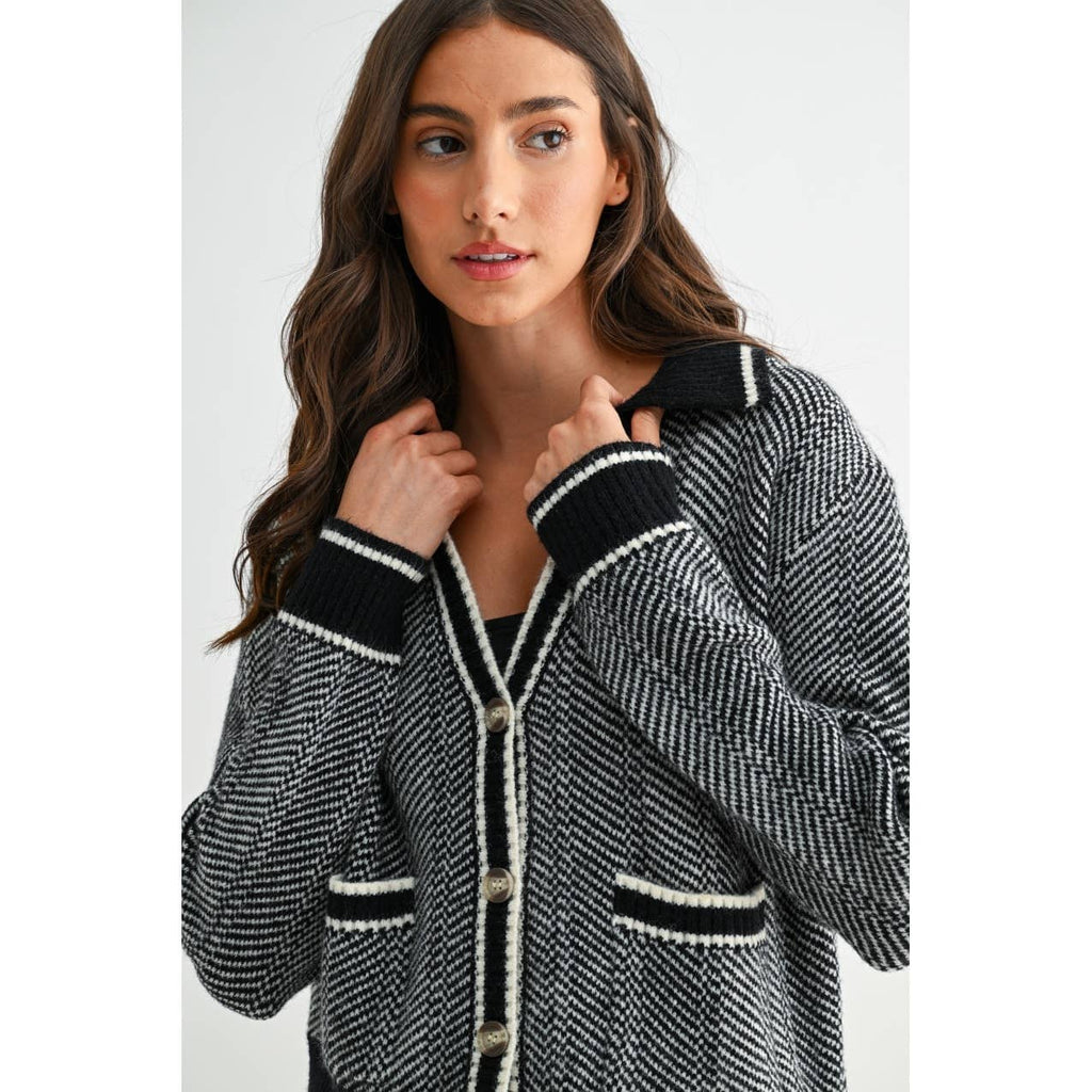 HERRINGBONE KNIT CARDIGAN IN BLACK: BLACK / S-M-L(3-2-1)