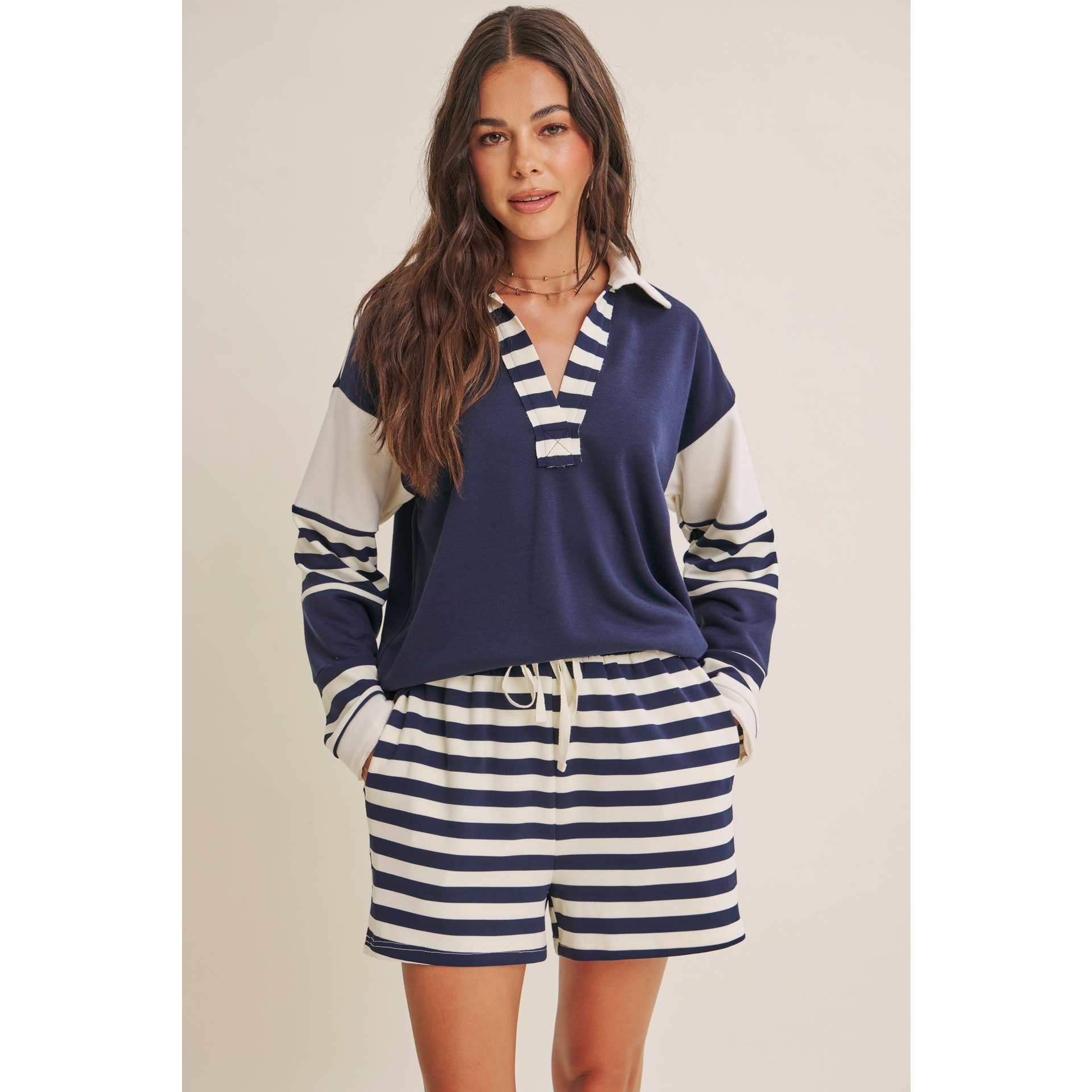 Coastal Stripe Relaxed French Terry Collared Top