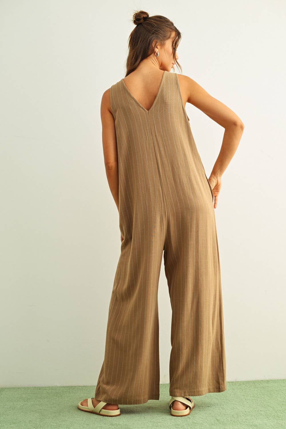 Mocha Striped Linen-Blend Button Front Jumpsuit with Pockets