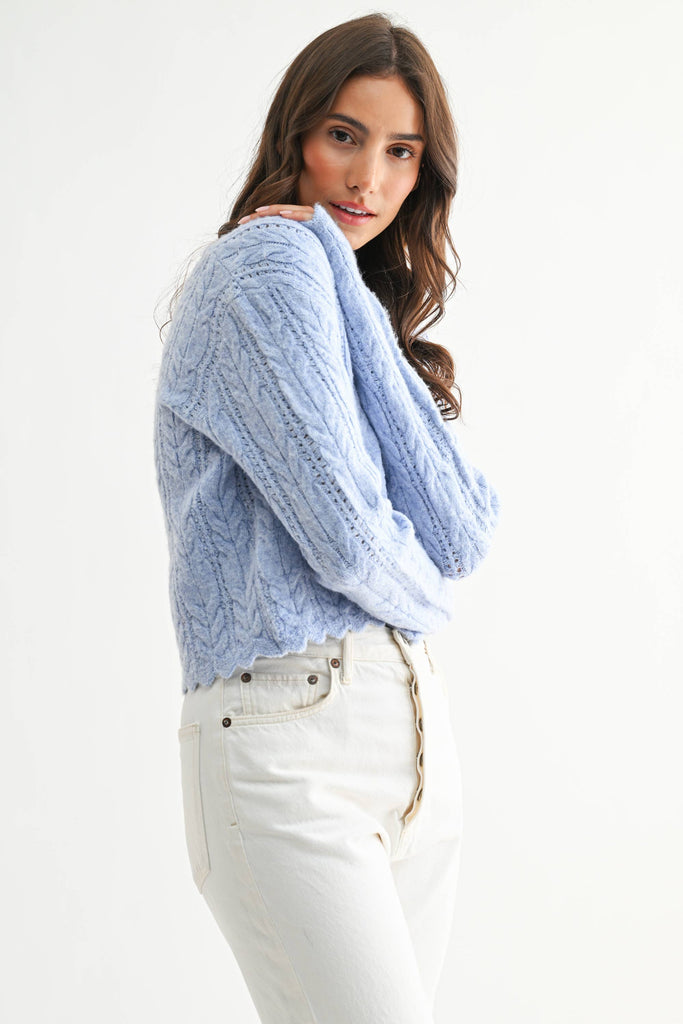 Blue Scallop Cable Knit Cardigan