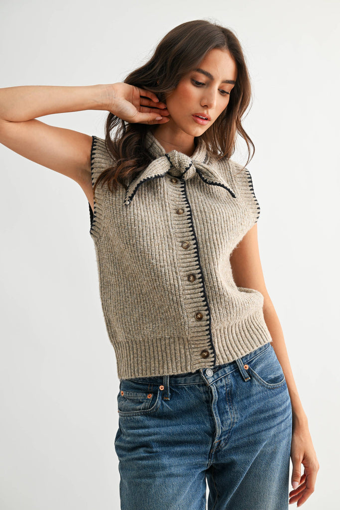 TIE NECK BUTTON FRONT SWEATER VEST - CWJ25822: OATMEAL/NAVY / S-M-L (3-2-1)
