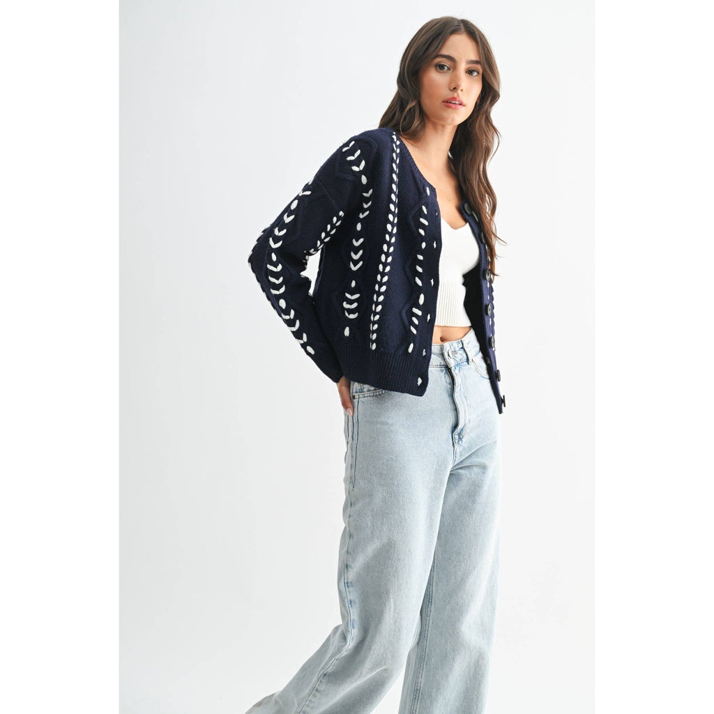 TORI RIBBON STITCH CABLE KNIT CARDIGAN : INDIGO/WHITE / S-M-L(3-2-1)