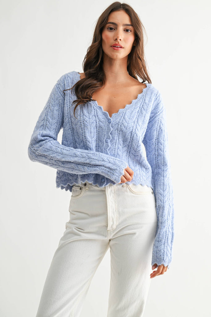 Blue Scallop Cable Knit Cardigan