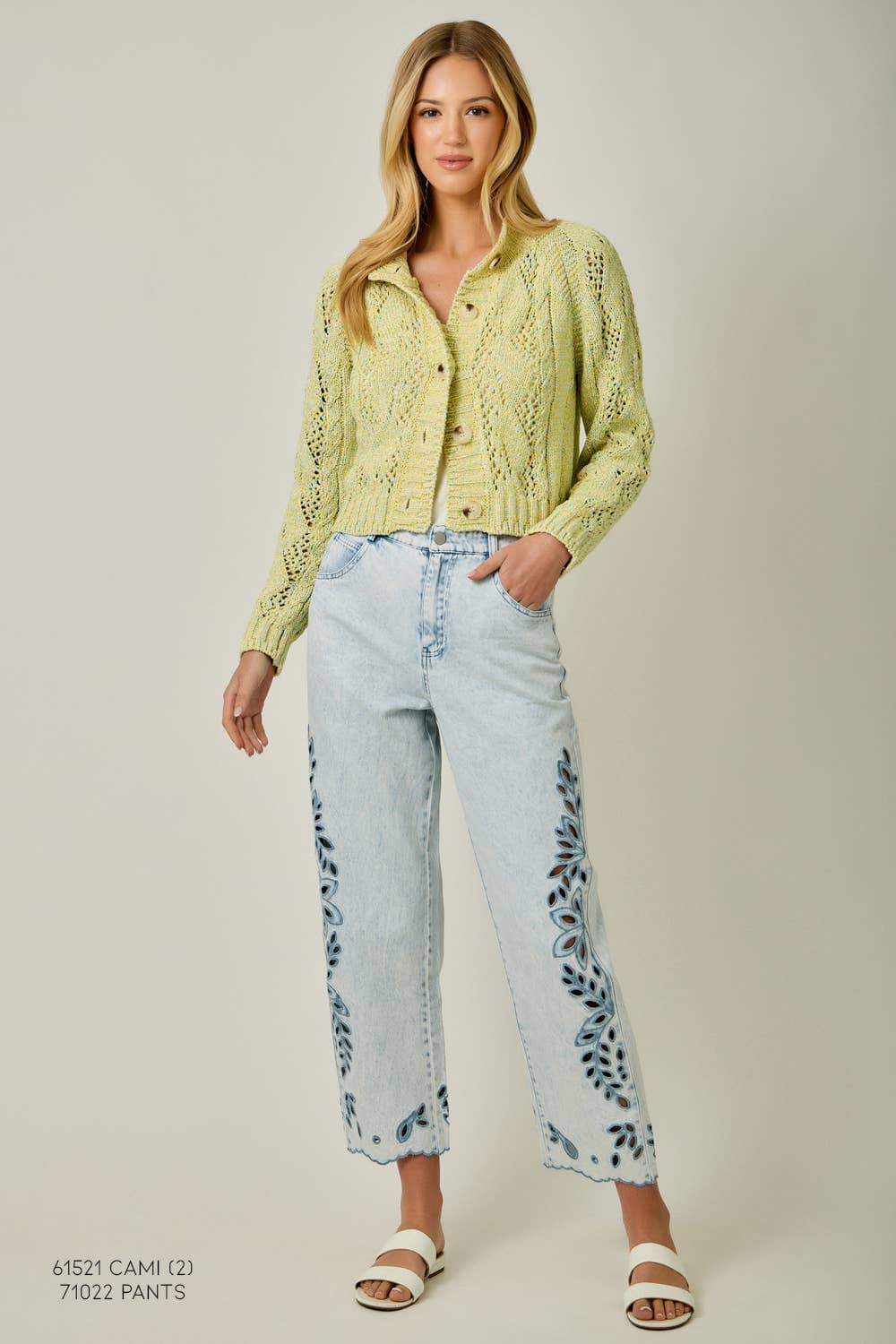 61380 Multicolor Cable Knit Cardigan: Yellow Multi / Medium