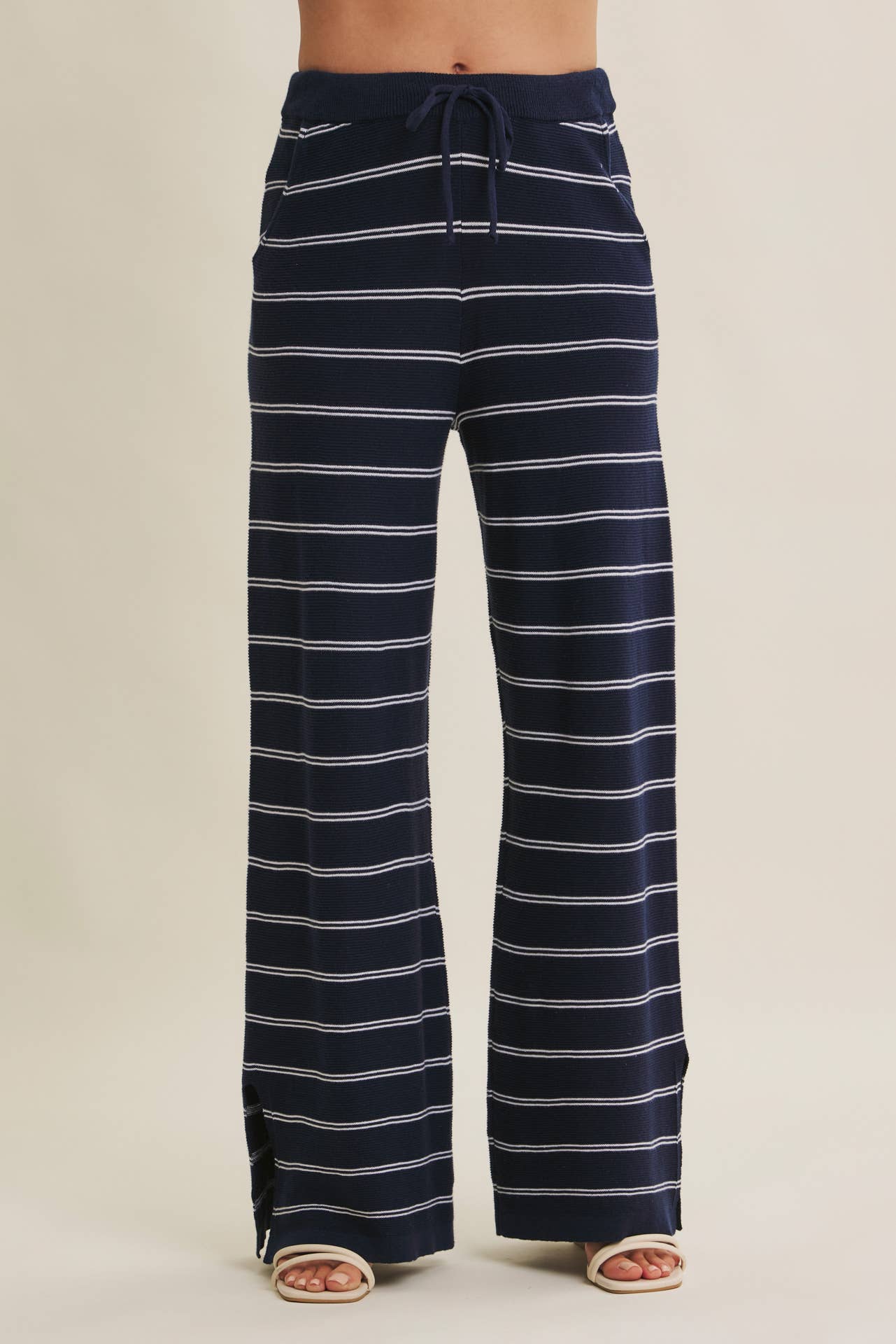 BAYSIDE LEISURE STRIPED WIDE-LEG SWEATER PANTS WITH SLITS: NAVY/CREAM / S | Stella & Grace Boutique .