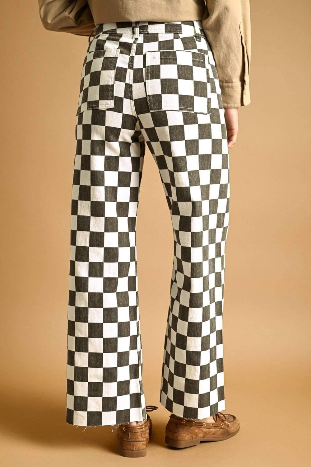 P7497 CHECKER BOARD STREATCH PANTS: CHARCOAL / S