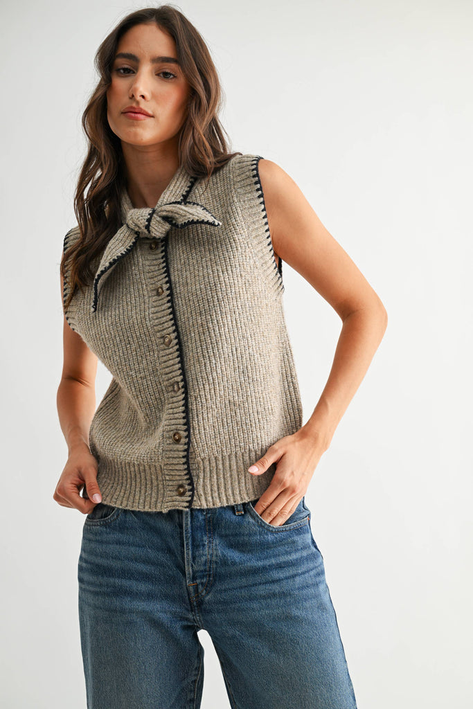 TIE NECK BUTTON FRONT SWEATER VEST - CWJ25822: OATMEAL/NAVY / S-M-L (3-2-1)