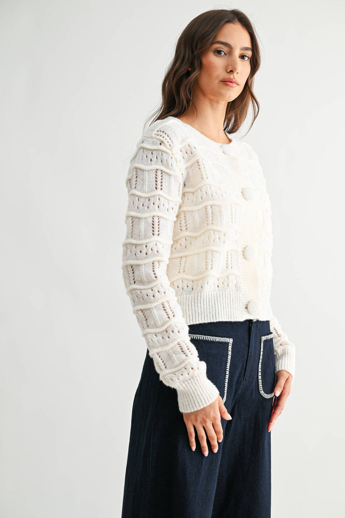 TEXTURED KNIT BUTTON FRONT CARDIGAN - CWT26598: CREAM / S-M-L (3-2-1)