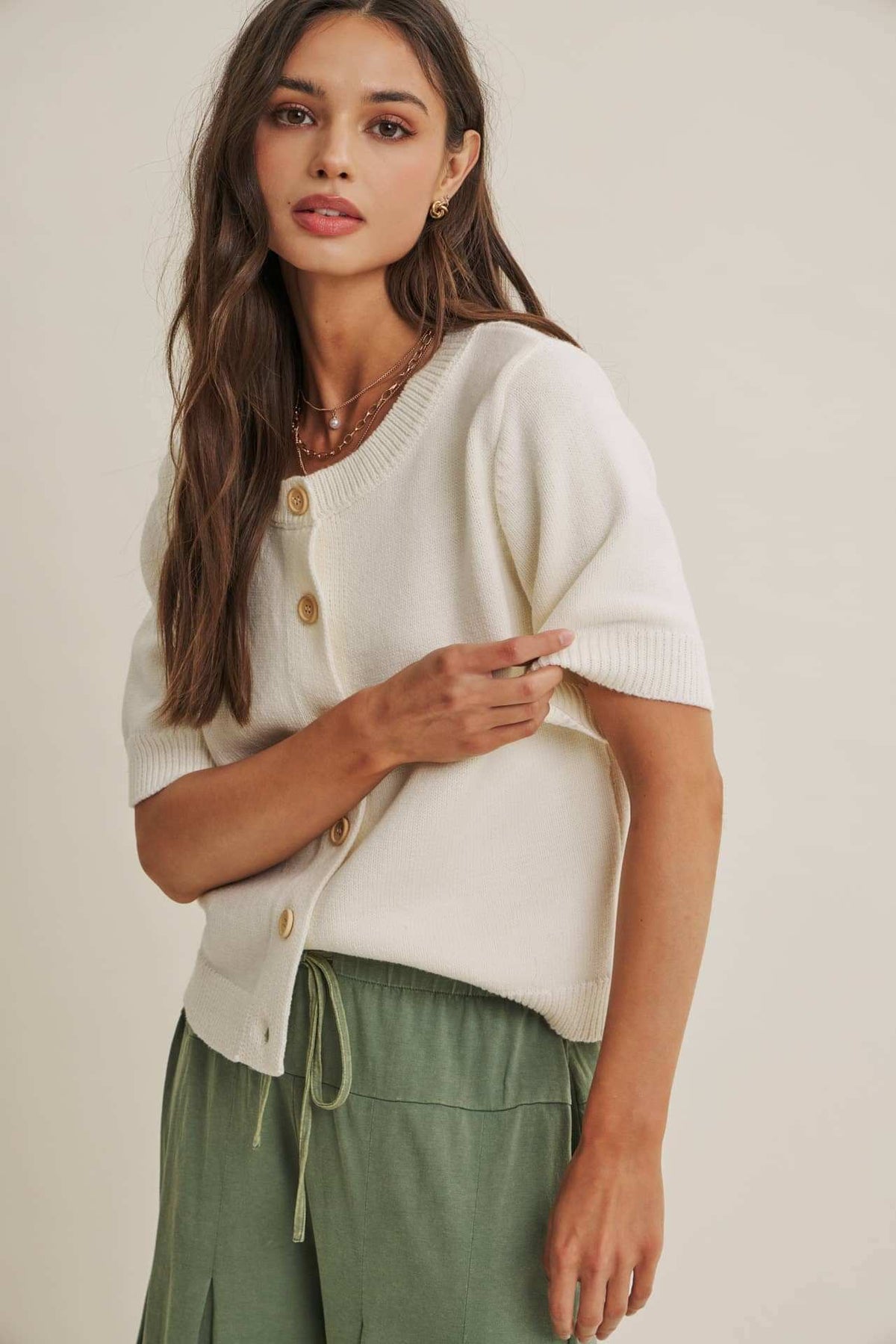 WEEKEND COFFEE MINIMAL SILHOUETTE COTTON CARDIGAN: IVORY / S