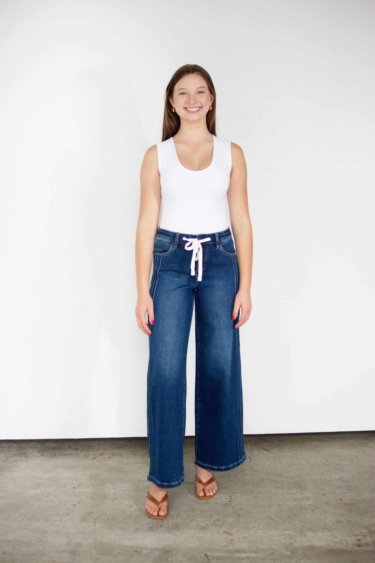 RISEN Elastic Band High Rise Wide Leg Side Pintuck Front Drawstring Jeans