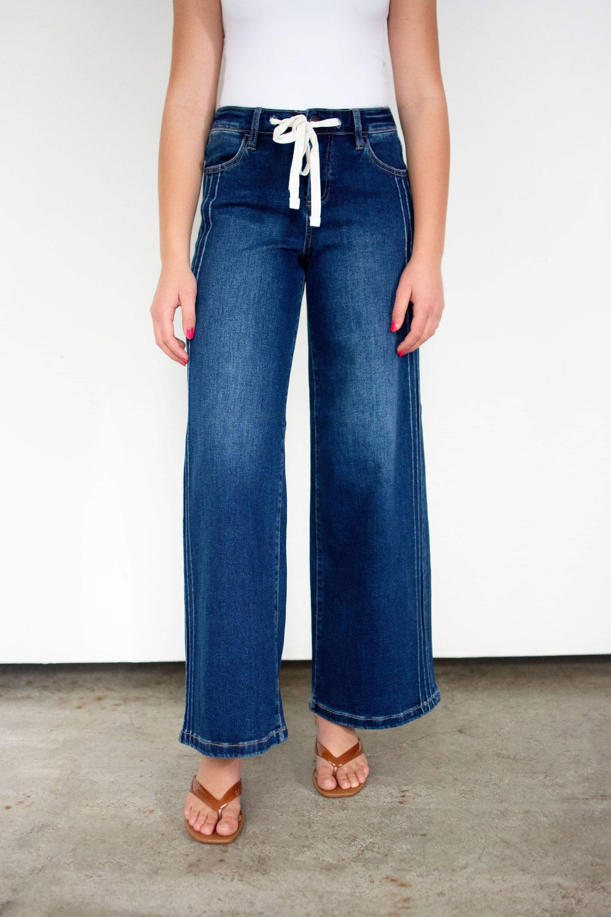 RISEN Elastic Band High Rise Wide Leg Side Pintuck Front Drawstring Jeans