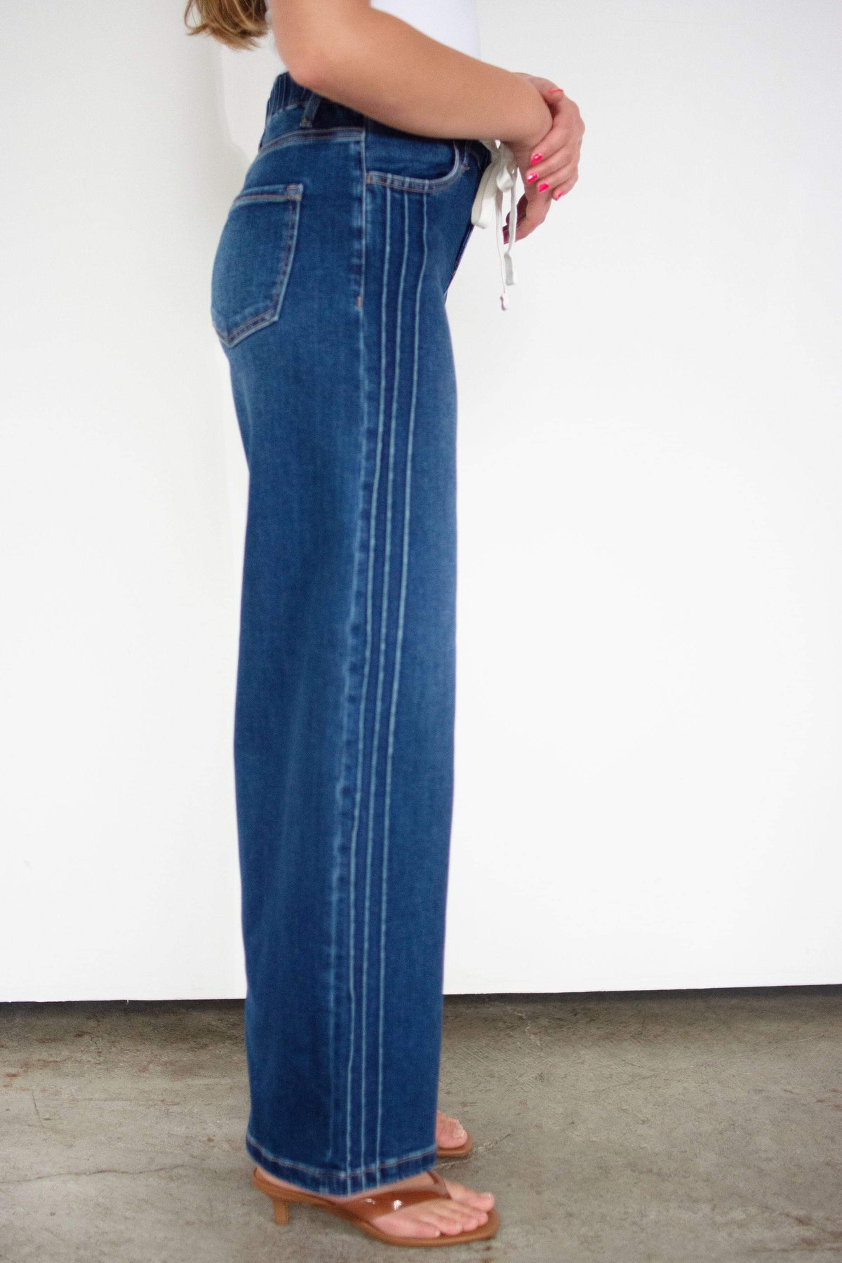 RISEN Elastic Band High Rise Wide Leg Side Pintuck Front Drawstring Jeans