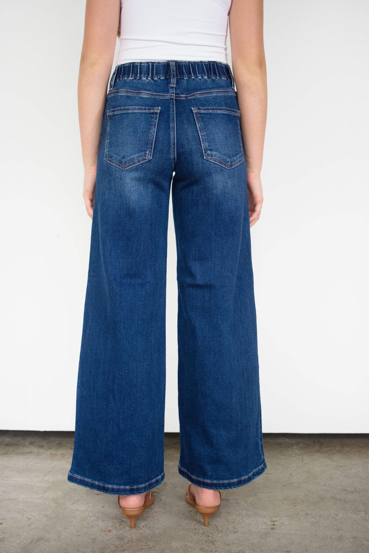 RISEN Elastic Band High Rise Wide Leg Side Pintuck Front Drawstring Jeans