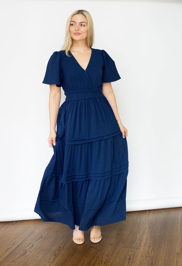 Navy Surplice Pintuck Tiered Maxi Dress