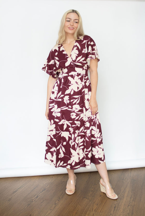 Wine Floral Print Dolman Midi Dress
