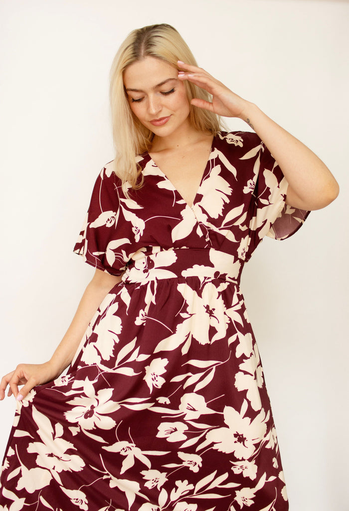 Wine Floral Print Dolman Midi Dress