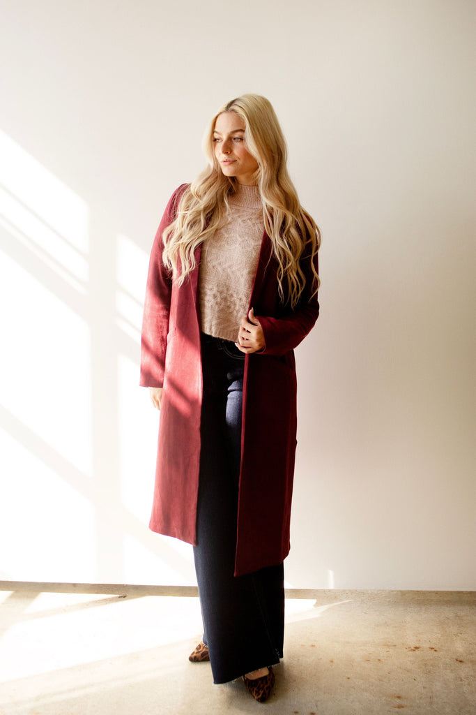 Burgundy Faux Suede Duster Jacket