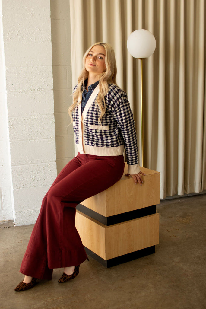 Navy Checkered Pearl Button Cardigan