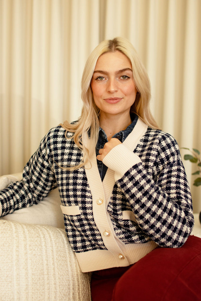 Navy Checkered Pearl Button Cardigan