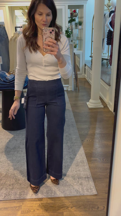 RISEN Dark Wash Elastic Band Wide Leg Jeans