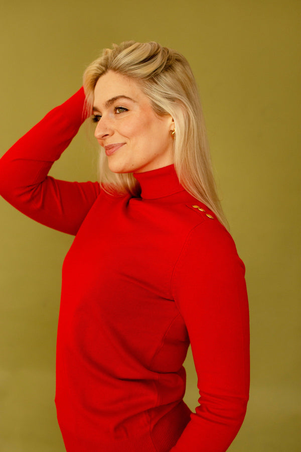 Red Gold Button Detail Turtleneck Top