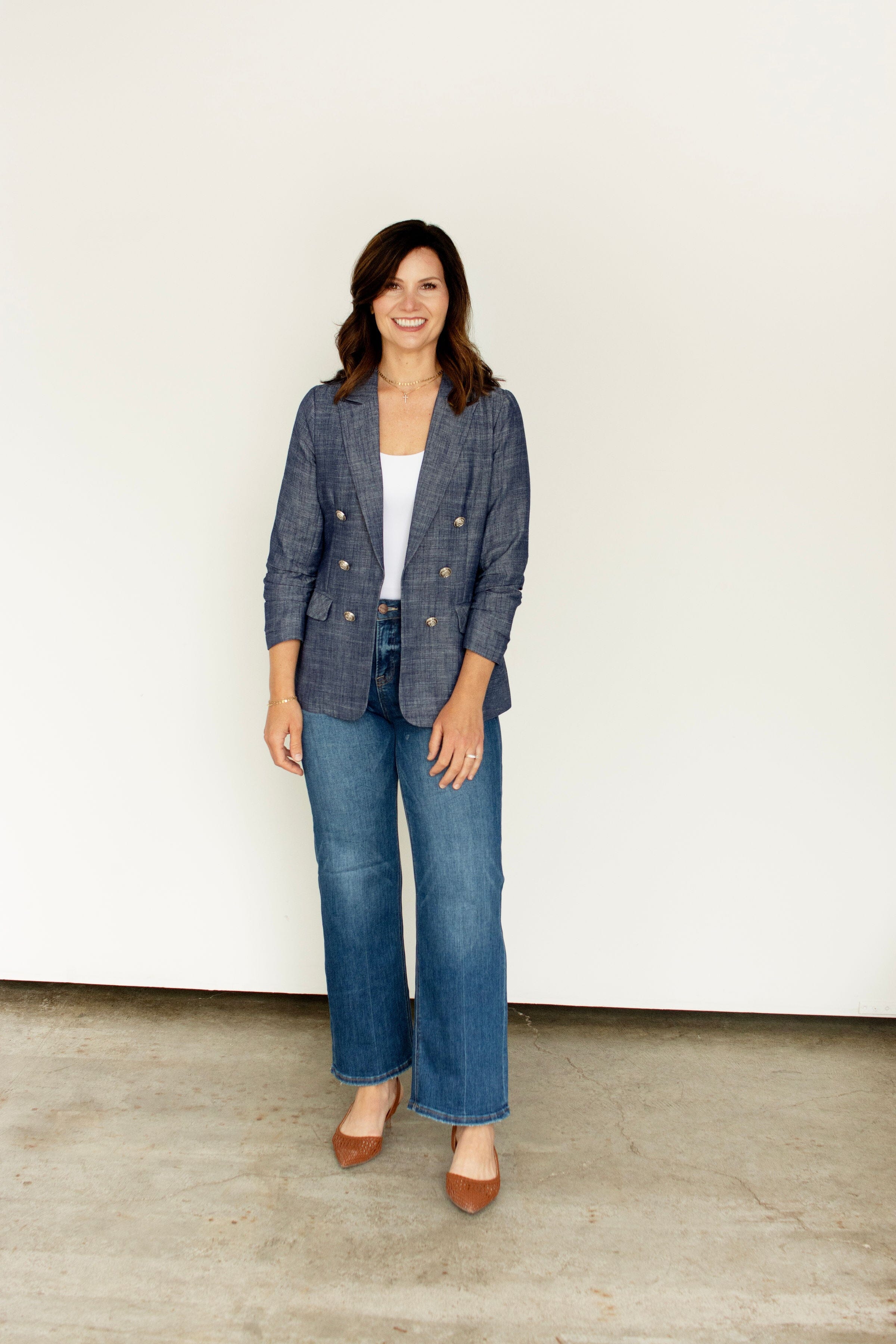 Ruched Sleeve Double-Breasted Chambray Blazer