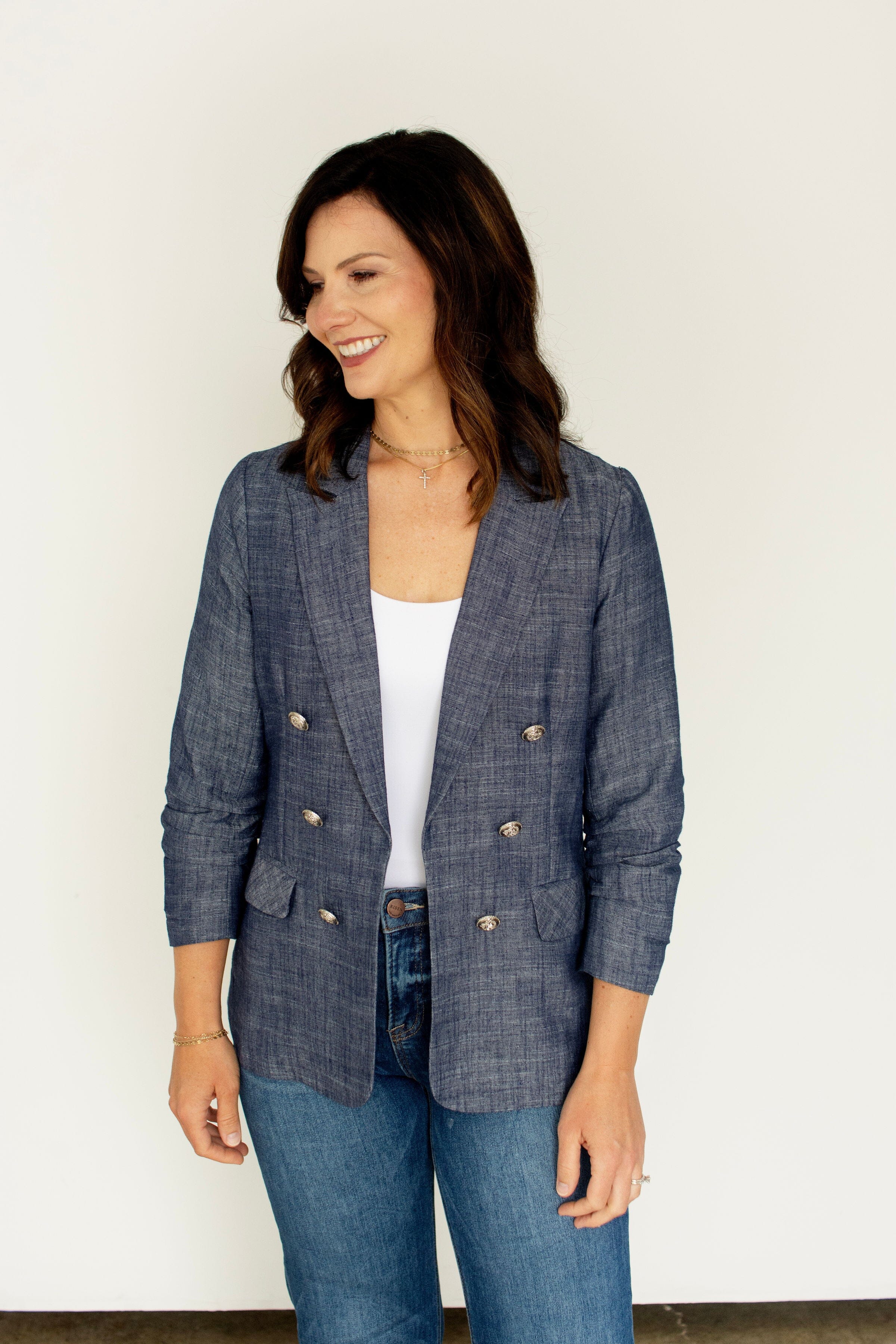 Ruched Sleeve Double-Breasted Chambray Blazer