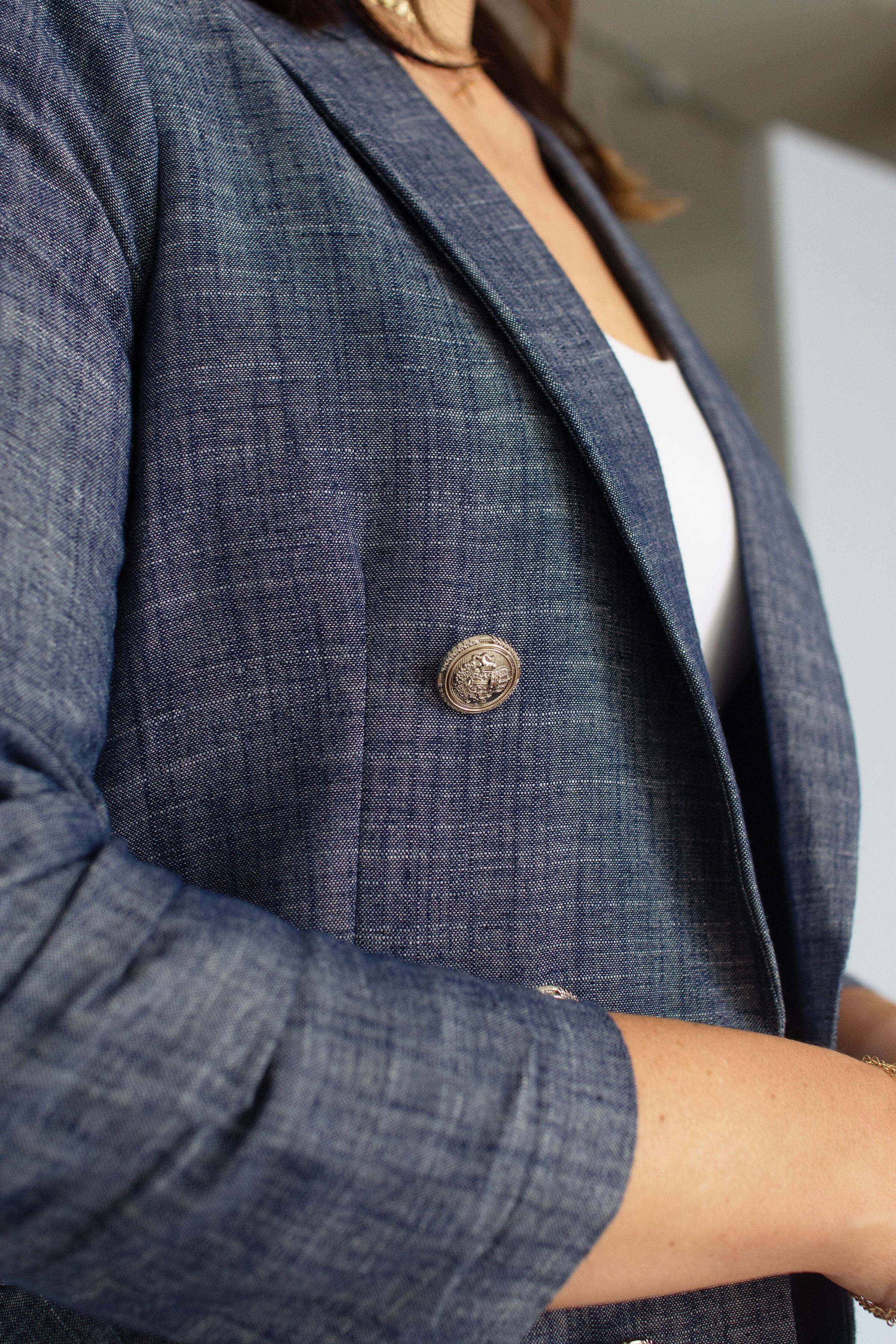 Ruched Sleeve Double-Breasted Chambray Blazer
