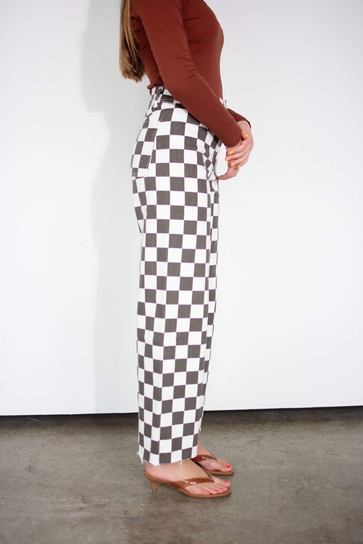 Charcoal Checkerboard High-Rise Wide-Leg Stretch Pants