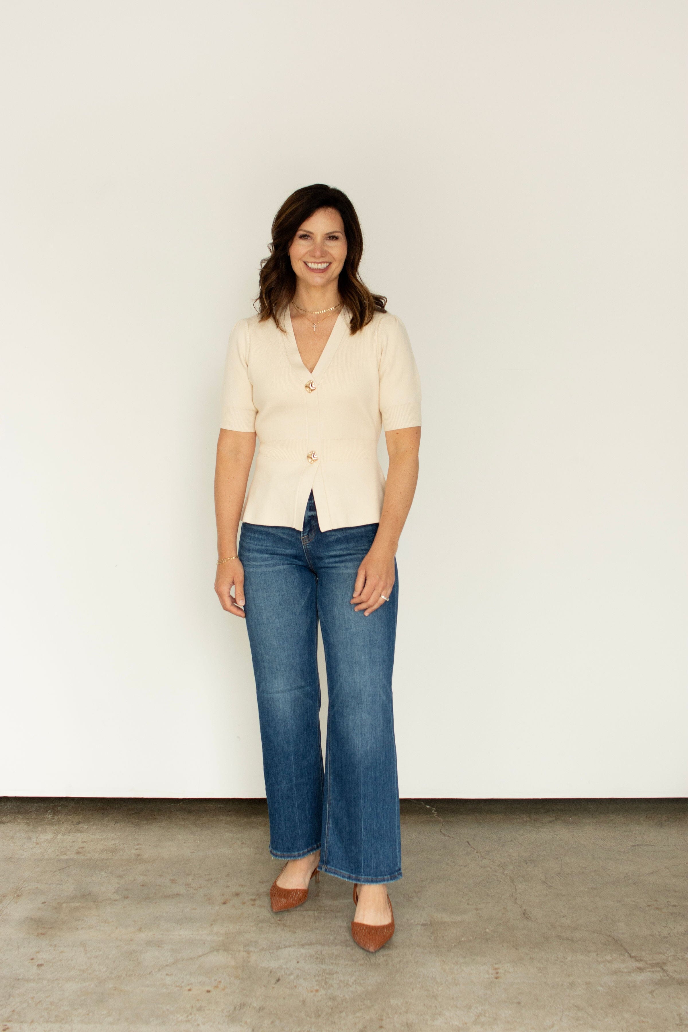Ivory Ribbed Short Sleeve Cardigan | Chic Gold Button Knit Top