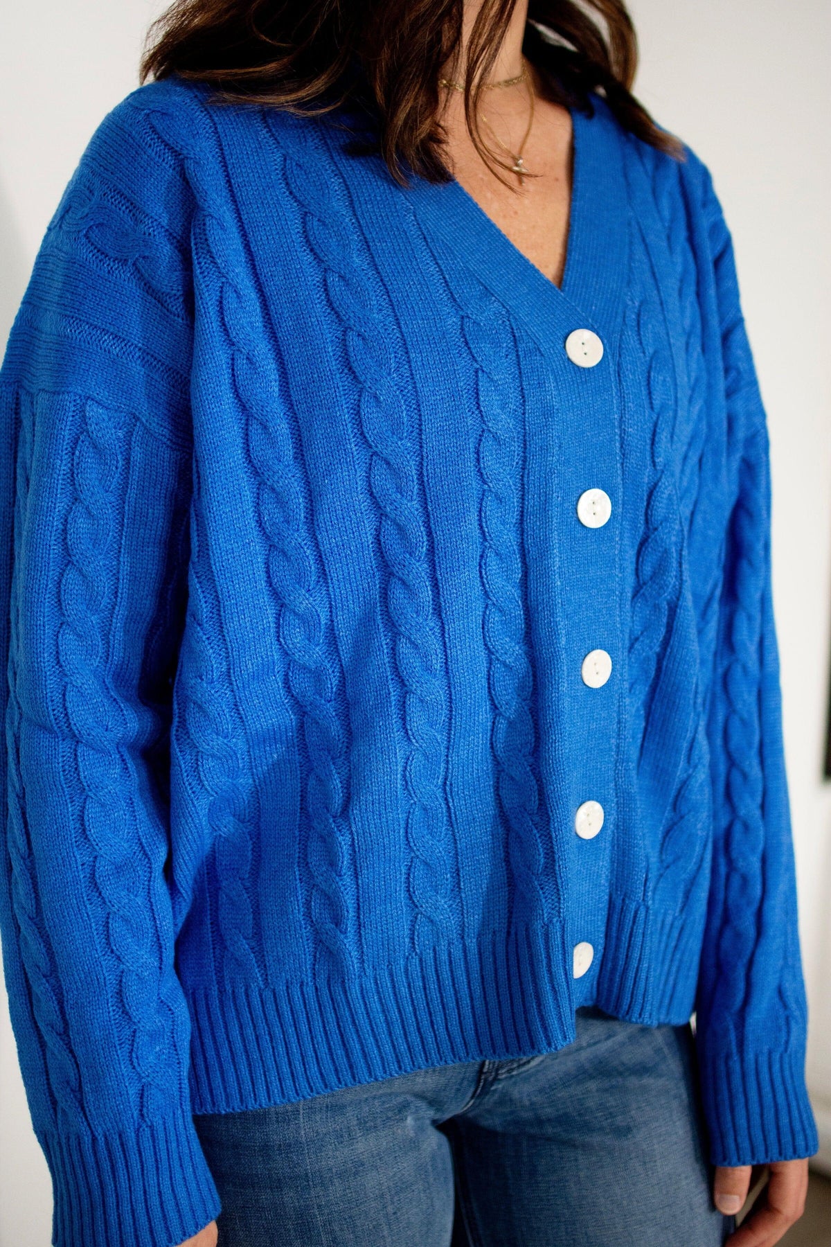 Royal Blue Relaxed Cable Knit V-Neck Cardigan