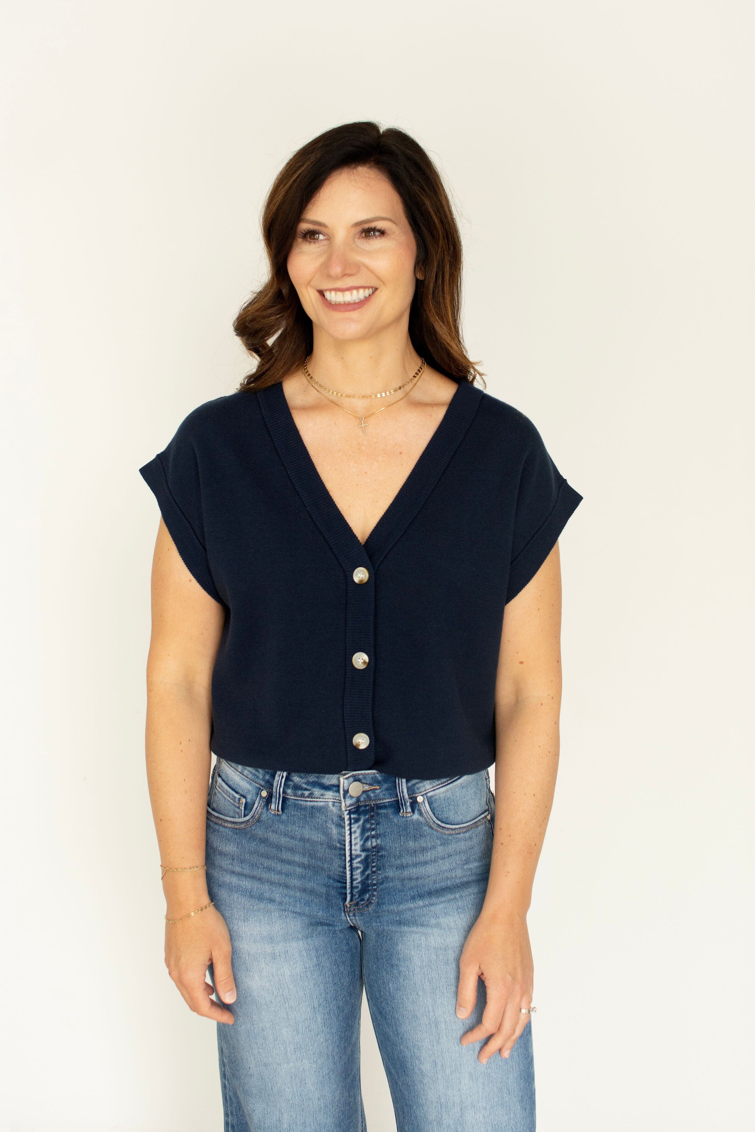 Navy Cotton Button-Front Sweater Vest | Timeless Knit Layering Essential