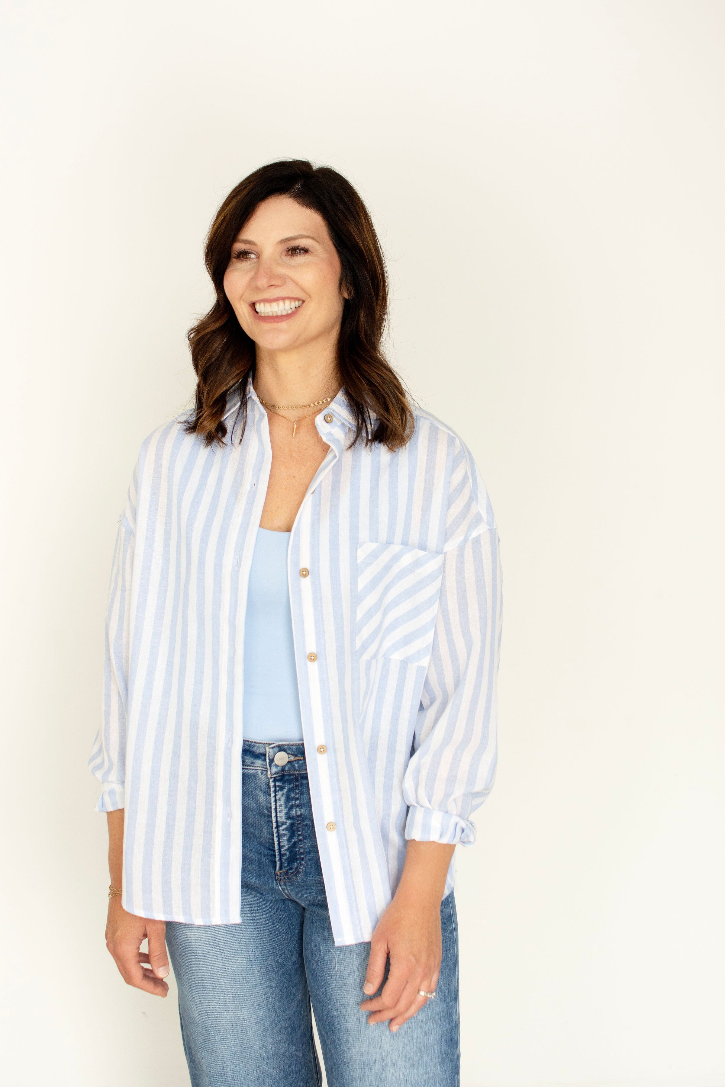 The Coastal Classic | Relaxed Blue Striped Cotton Button-Down Top